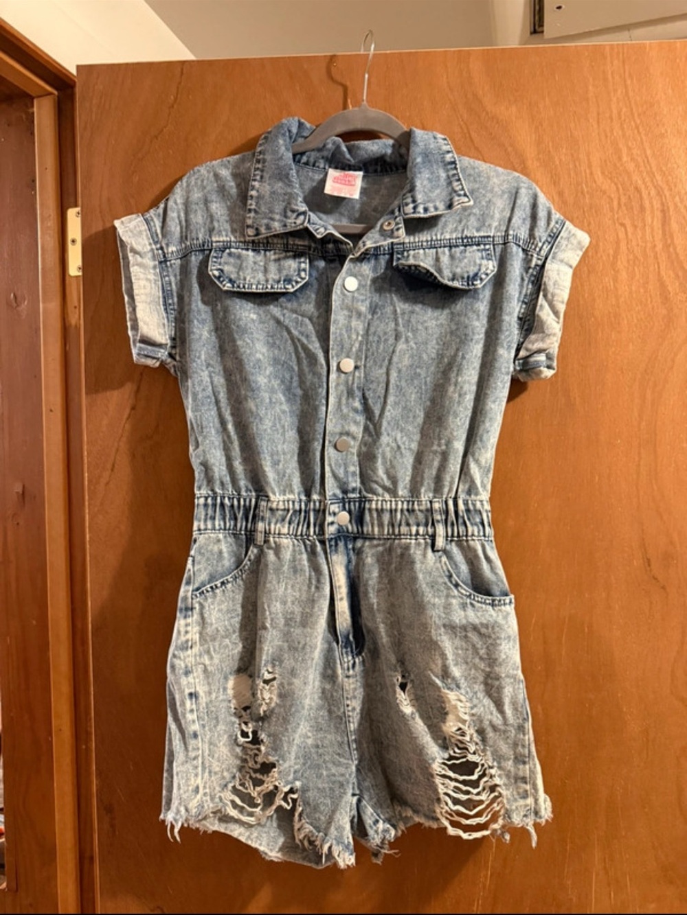 Washed Denim Short Sleeve Romper - Blue